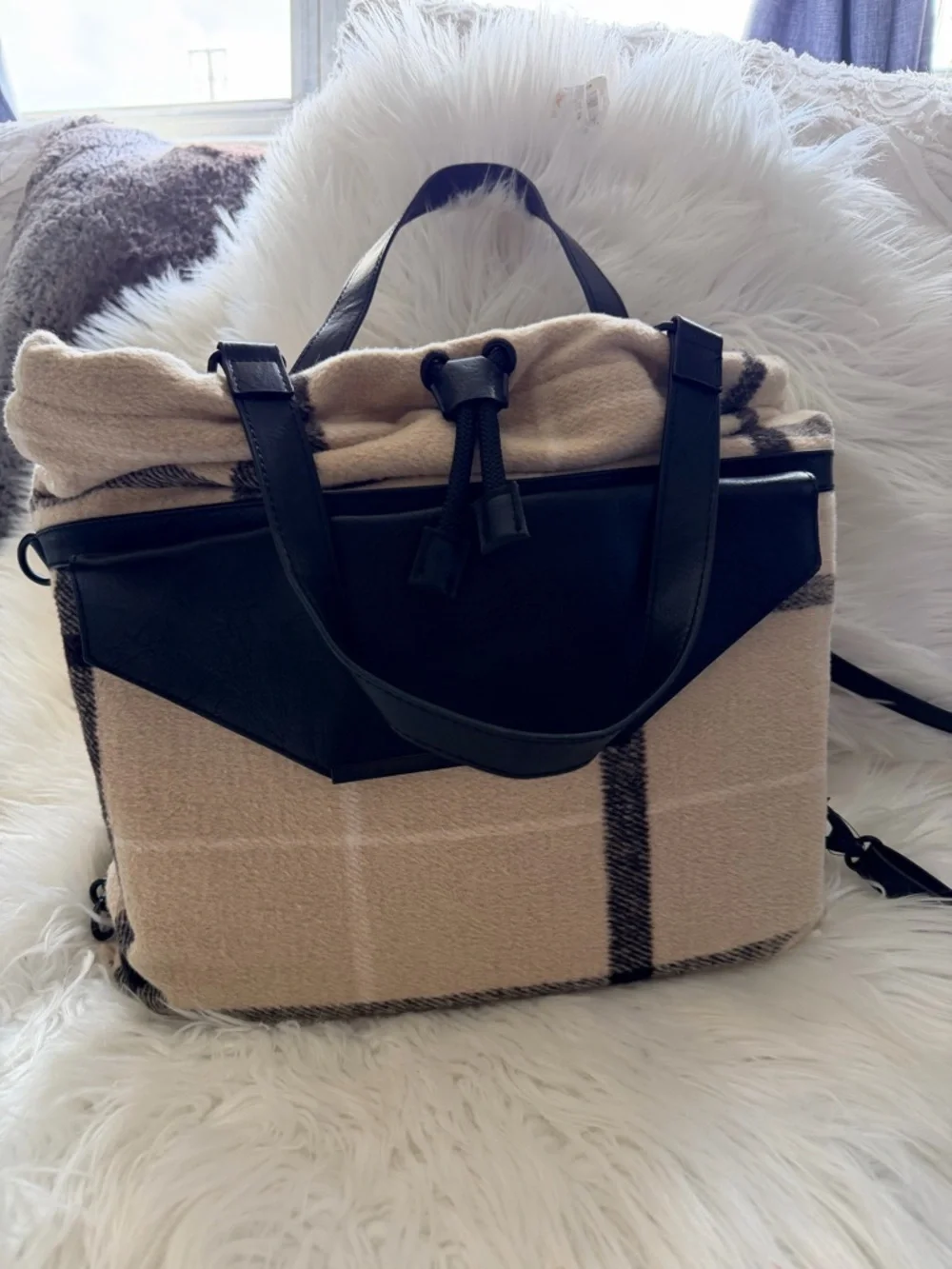 BEIS The Messenger Tote Backpack Cream Plaid Wool Blend Black Trim Preowned
